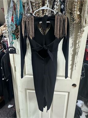 Nookie Black Long-Sleeve Midi Dress with Gold Fringe Shoulder Detail tie back.
